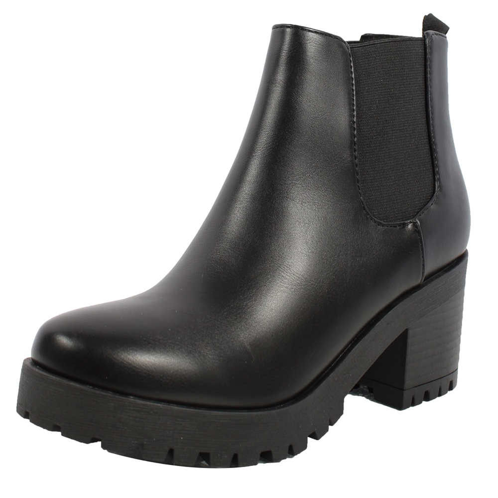 Black Chelsea Lug Platform Block Heel Anke Boot - Picture 2 of 7